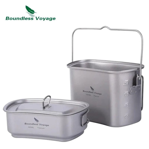 Planet Gates Ti2059C Boundless Voyage Titanium Hanging Pot Cup Cooking Set with Lid Folding Handles Outdoor Camping Cookware Mess Kit 1500ML + 600ML