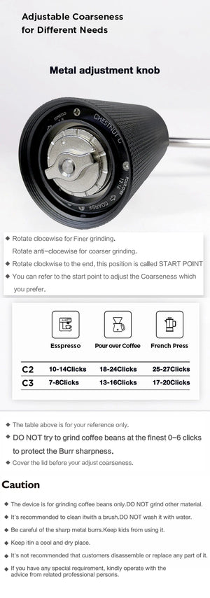 Planet Gates TIMEMORE Chestnut C2 C3 Manual Coffee Grinder S2C Burr Inside High Quality Portable Hand Grinder with Dual Bearing Positioning