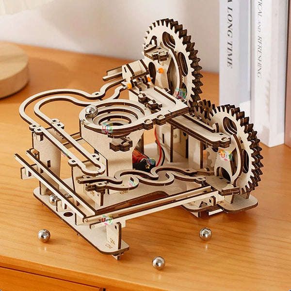 Planet Gates TMQ002 With Box Ury 3D Wooden Puzzles Electric Catapult Track Device Marble Run Set Mechanical Model Science Maze 5 Balls Assembly Gift for Kids