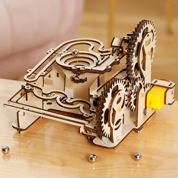 Planet Gates TMQ002 With Box Ury 3D Wooden Puzzles Electric Catapult Track Device Marble Run Set Mechanical Model Science Maze 5 Balls Assembly Gift for Kids