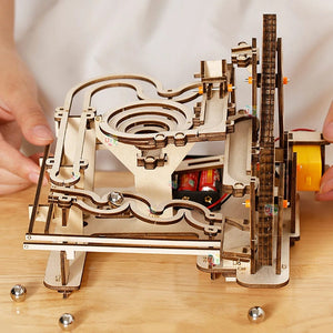 Planet Gates TMQ002 With Box Ury 3D Wooden Puzzles Electric Catapult Track Device Marble Run Set Mechanical Model Science Maze 5 Balls Assembly Gift for Kids