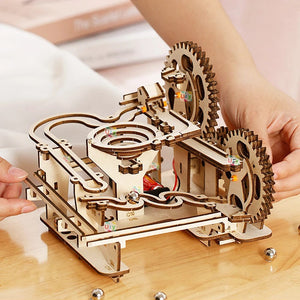Planet Gates TMQ002 With Box Ury 3D Wooden Puzzles Electric Catapult Track Device Marble Run Set Mechanical Model Science Maze 5 Balls Assembly Gift for Kids