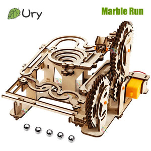 Planet Gates TMQ002 With Box Ury 3D Wooden Puzzles Electric Catapult Track Device Marble Run Set Mechanical Model Science Maze 5 Balls Assembly Gift for Kids