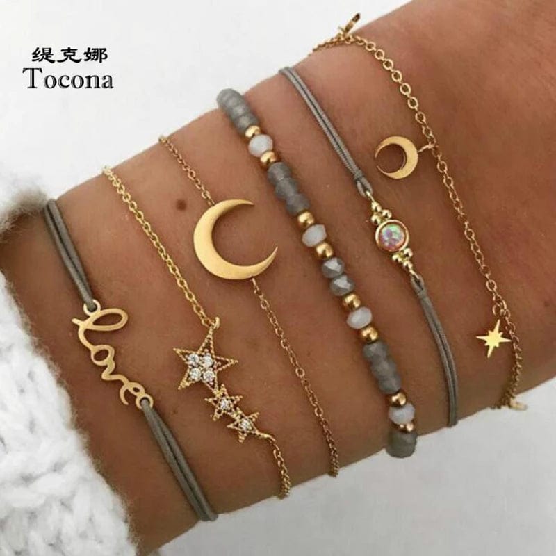 Planet Gates Tocona Boho Love Moon Bracelets for Women Charms Bead Gold Color Star Clear Crystal Stone Letter Rope Jewelry Accessories 6523