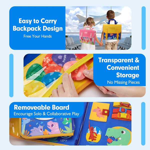 Planet Gates Toddler Busy Board Montessori Toys Learning Educational Activities Travel Toy Dinosaur Dress up  Sensory Life Skill Backpack