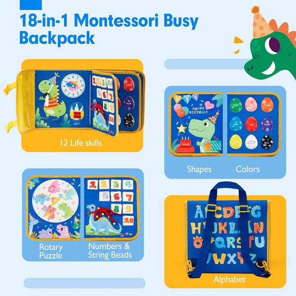 Planet Gates Toddler Busy Board Montessori Toys Learning Educational Activities Travel Toy Dinosaur Dress up  Sensory Life Skill Backpack