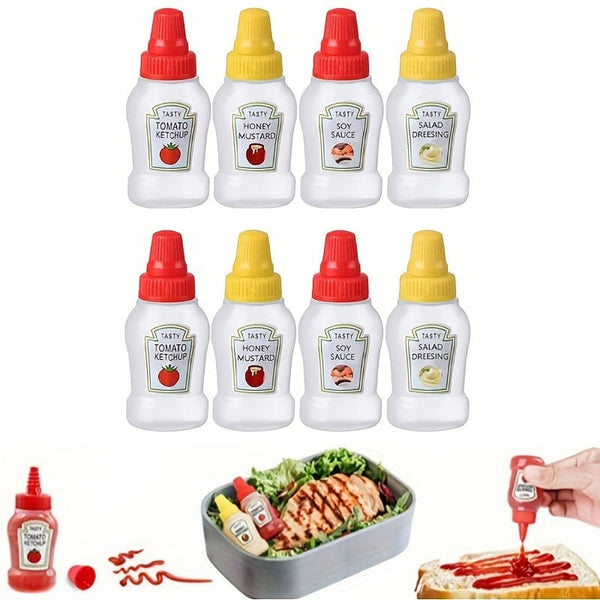 Planet Gates Tomato + Honey + Soy Sauce + Salad 4pcs, Mini Sauce Bottles, Mini Ketchup Bottles, Condiment Squeeze Bottle, Plastic Portable Containers Bottle For Office Lunchbox Picnic Oil Soy Sauce Honey Salad Dressing, Spice Bottle, Kitchen Utensils, Kitchen Stuff