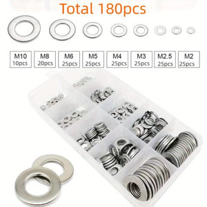 Planet Gates Total 180pcs 80-580pcs 304 Stainless Steel Flat Washers, For Screws, Bolts, Fender Washers Assortment Kit, Locking Metal Washers Kit (M2 M2.5 M3 M4 M5 M6 M8 M10)