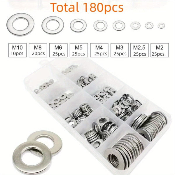 Planet Gates Total 180pcs 80-580pcs 304 Stainless Steel Flat Washers, For Screws, Bolts, Fender Washers Assortment Kit, Locking Metal Washers Kit (M2 M2.5 M3 M4 M5 M6 M8 M10)