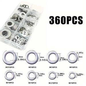 Planet Gates Total 360pcs 80-580pcs 304 Stainless Steel Flat Washers, For Screws, Bolts, Fender Washers Assortment Kit, Locking Metal Washers Kit (M2 M2.5 M3 M4 M5 M6 M8 M10)