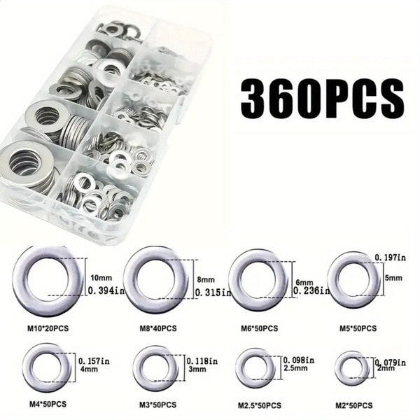 Planet Gates Total 360pcs 80-580pcs 304 Stainless Steel Flat Washers, For Screws, Bolts, Fender Washers Assortment Kit, Locking Metal Washers Kit (M2 M2.5 M3 M4 M5 M6 M8 M10)