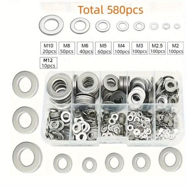 Planet Gates Total 580pcs 80-580pcs 304 Stainless Steel Flat Washers, For Screws, Bolts, Fender Washers Assortment Kit, Locking Metal Washers Kit (M2 M2.5 M3 M4 M5 M6 M8 M10)