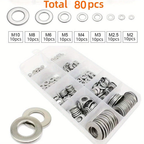 Planet Gates Total 80pcs 80-580pcs 304 Stainless Steel Flat Washers, For Screws, Bolts, Fender Washers Assortment Kit, Locking Metal Washers Kit (M2 M2.5 M3 M4 M5 M6 M8 M10)