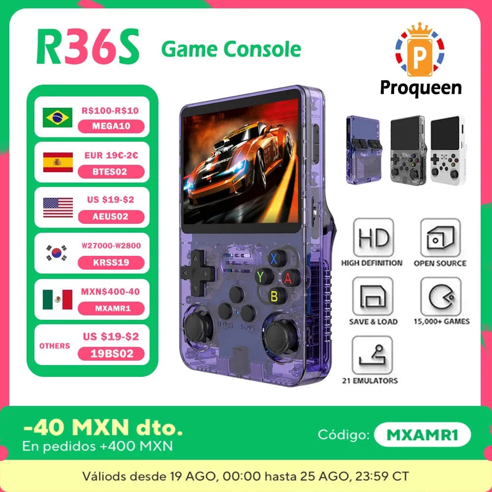 Planet Gates Translucent purple / us R36S Handheld Game Console R35s Plus Video Game Console Linux System 3.5 Inch IPS Screen Portable Pocket Video Player 64GB Games