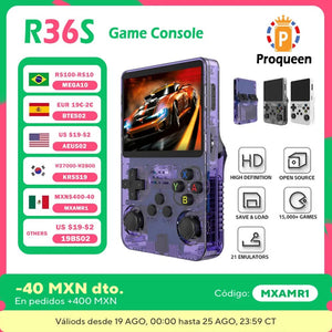 Planet Gates Translucent purple / us R36S Handheld Game Console R35s Plus Video Game Console Linux System 3.5 Inch IPS Screen Portable Pocket Video Player 64GB Games