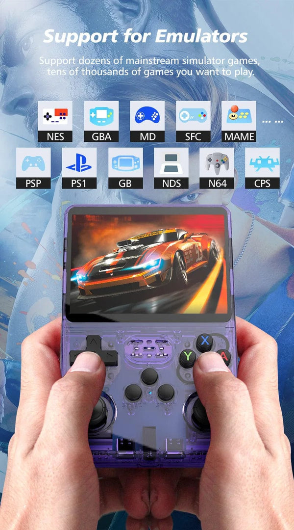 Planet Gates Translucent purple / us R36S Handheld Game Console R35s Plus Video Game Console Linux System 3.5 Inch IPS Screen Portable Pocket Video Player 64GB Games
