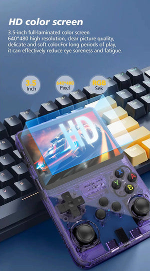 Planet Gates Translucent purple / us R36S Handheld Game Console R35s Plus Video Game Console Linux System 3.5 Inch IPS Screen Portable Pocket Video Player 64GB Games