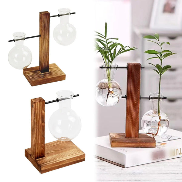 Planet Gates Transparent Bulb Vase with Wooden Stand Desktop Glass Planter for Hydroponics Plants Coffee Shop Room Decor