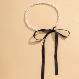 Planet Gates Trend Wedding Party Jewelry Long Black Ribbon Choker Necklace For Women Elegant White Imitation Pearl Beach Vacation Necklaces