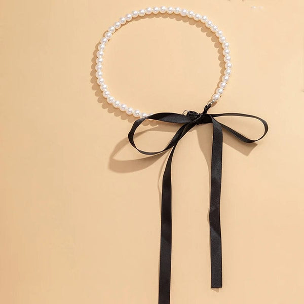 Planet Gates Trend Wedding Party Jewelry Long Black Ribbon Choker Necklace For Women Elegant White Imitation Pearl Beach Vacation Necklaces