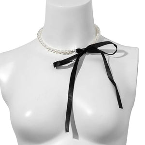 Planet Gates Trend Wedding Party Jewelry Long Black Ribbon Choker Necklace For Women Elegant White Imitation Pearl Beach Vacation Necklaces
