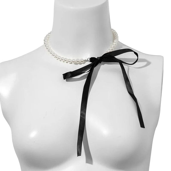 Planet Gates Trend Wedding Party Jewelry Long Black Ribbon Choker Necklace For Women Elegant White Imitation Pearl Beach Vacation Necklaces