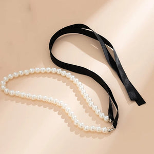 Planet Gates Trend Wedding Party Jewelry Long Black Ribbon Choker Necklace For Women Elegant White Imitation Pearl Beach Vacation Necklaces
