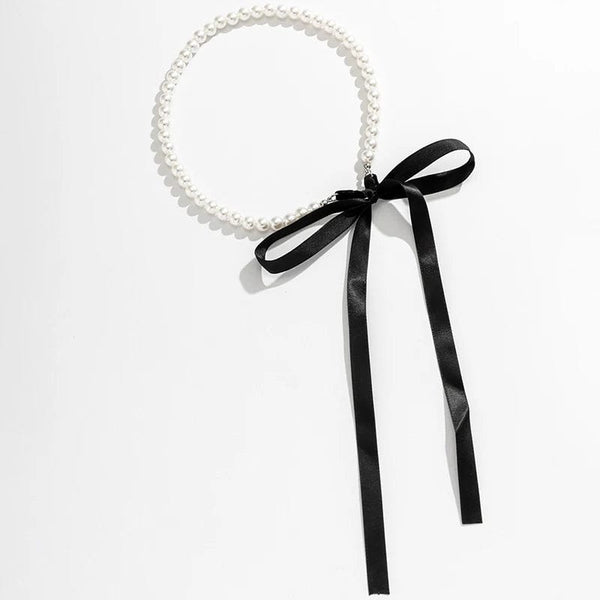 Planet Gates Trend Wedding Party Jewelry Long Black Ribbon Choker Necklace For Women Elegant White Imitation Pearl Beach Vacation Necklaces