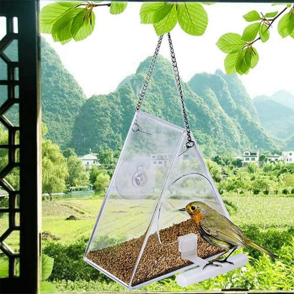Planet Gates Triangle Transparent Bird Feeder Acrylic Metal Waterproof Hanging Birds Food Container for Indoor Outdoor decor