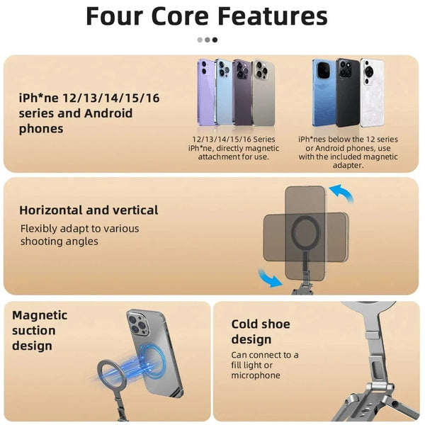 Planet Gates Tripod Flymile Magnetic Selfie Stick Tripod for Magsafe iPhone 16 15 14 13 12 Pro Max Samsung Phone Foldable Desktop Tripod 1/4" Holes
