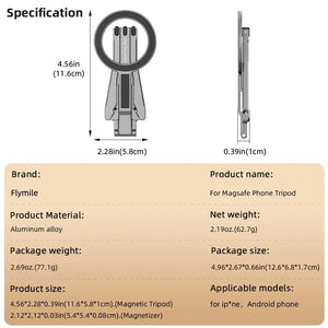 Planet Gates Tripod Flymile Magnetic Selfie Stick Tripod for Magsafe iPhone 16 15 14 13 12 Pro Max Samsung Phone Foldable Desktop Tripod 1/4" Holes