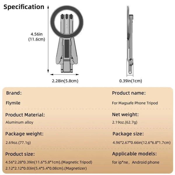 Planet Gates Tripod Flymile Magnetic Selfie Stick Tripod for Magsafe iPhone 16 15 14 13 12 Pro Max Samsung Phone Foldable Desktop Tripod 1/4" Holes