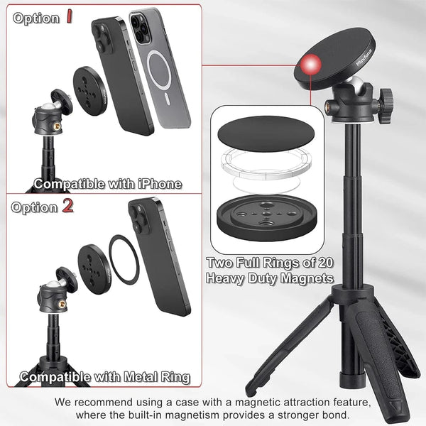 Planet Gates Tripod for MagSafe Magnetic Smartphone Tripod for MagSafe, Mini Extendable Selfie Stick 360° Ball Head Tripod Stand Handle Grip for iPhone 14 13 12