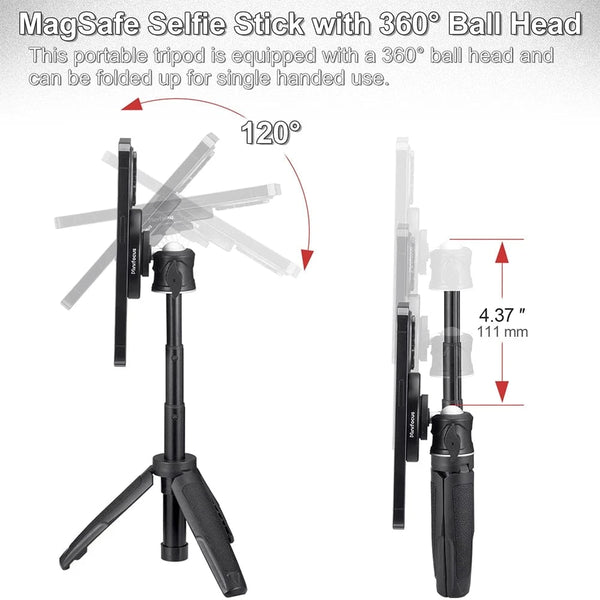 Planet Gates Tripod for MagSafe Magnetic Smartphone Tripod for MagSafe, Mini Extendable Selfie Stick 360° Ball Head Tripod Stand Handle Grip for iPhone 14 13 12
