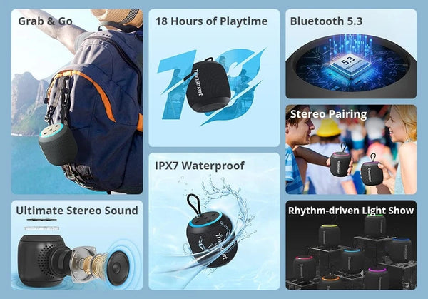 Planet Gates Tronsmart T7 Mini Bluetooth Speaker Portable Speaker with Balanced Bass IPX7 Waterproof LED Modes for Outdoor Camping