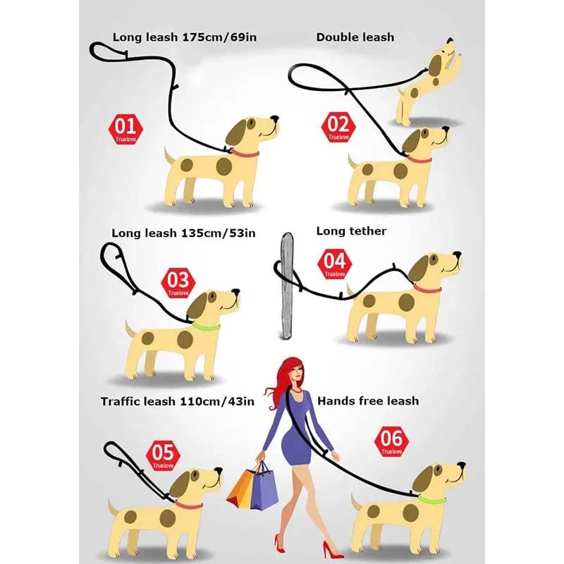 Planet Gates Truelove 7 In 1 Multi-Function Adjustable Dog Lead Hand Free Pet Training Leash Reflective Multi-Purpose Dog Leash Walk 2 Dogs
