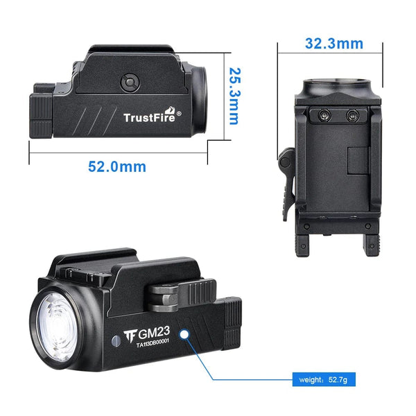 Planet Gates Trustfire GM23 Led Tactical Flashlight 800Lumen USB Rechargeable Rail Mounted Quick Release Weapon Gun Lights Glock 19 17 Taurus