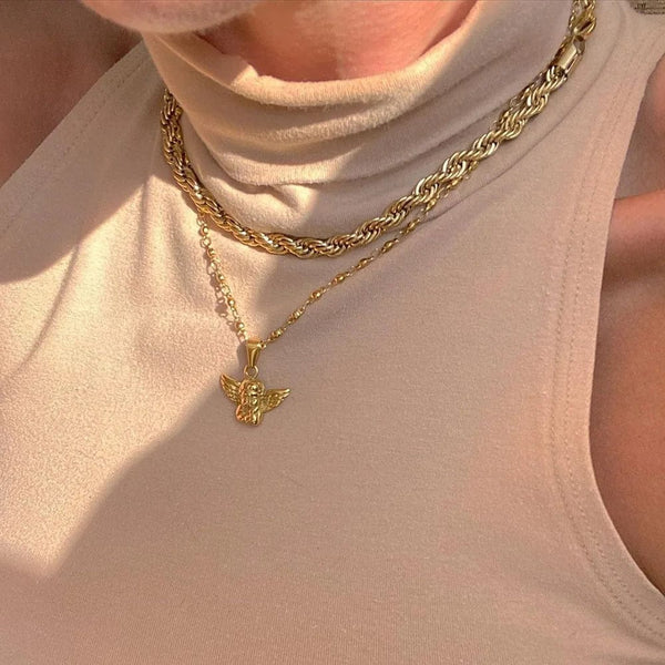 Planet Gates TS8811 Bohemia Multilayer Cherub Pendant Chain Necklace For Women Trendy Gold-plate Big Thick Chain Necklaces 2021 Jewelry