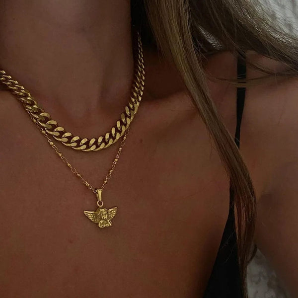 Planet Gates TS8811 Bohemia Multilayer Cherub Pendant Chain Necklace For Women Trendy Gold-plate Big Thick Chain Necklaces 2021 Jewelry