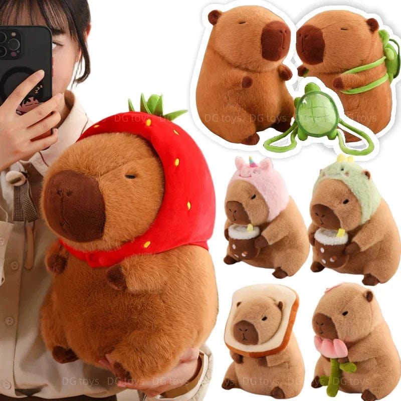 Planet Gates Turtle Capybara / about 10-15cm Strawberry Hat Capybara Plush Toy Simulation Turtle Backpack Capibara Stuffed Animals Papa Hand Circle Ring Small size Pendant