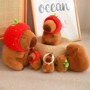 Planet Gates Turtle Capybara / about 10-15cm Strawberry Hat Capybara Plush Toy Simulation Turtle Backpack Capibara Stuffed Animals Papa Hand Circle Ring Small size Pendant