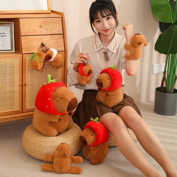 Planet Gates Turtle Capybara / about 10-15cm Strawberry Hat Capybara Plush Toy Simulation Turtle Backpack Capibara Stuffed Animals Papa Hand Circle Ring Small size Pendant