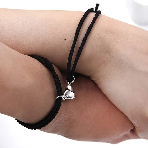 Planet Gates Type 4- Black 2pcs Magnetic Bracelet Stainless Steel Heart Pendant Charm Couple Bracelets for Lover Friend Men Women Braid Rope Bracelets