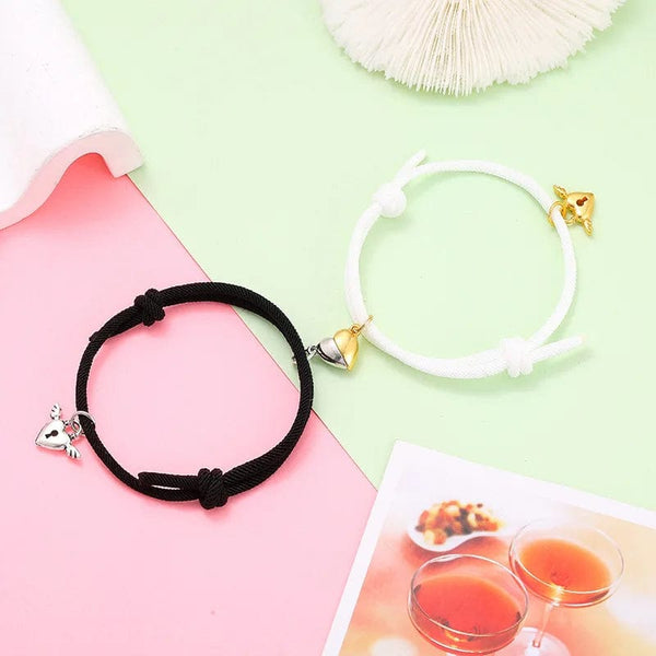 Planet Gates Type 4- Black 2pcs Magnetic Bracelet Stainless Steel Heart Pendant Charm Couple Bracelets for Lover Friend Men Women Braid Rope Bracelets