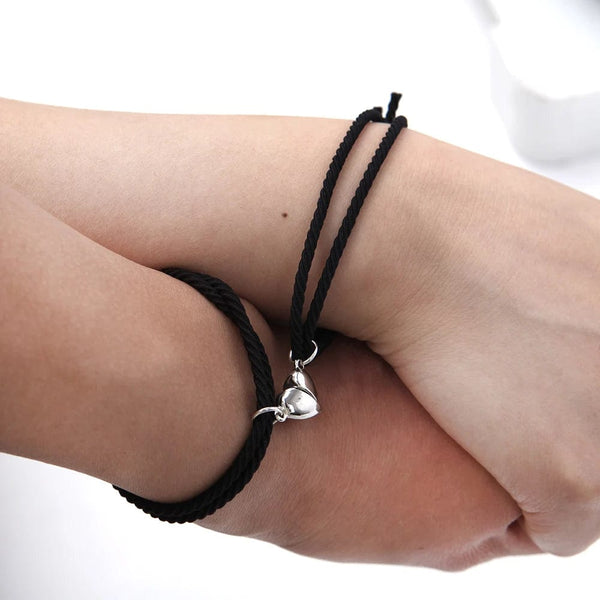 Planet Gates Type 4- Black 2pcs Magnetic Bracelet Stainless Steel Heart Pendant Charm Couple Bracelets for Lover Friend Men Women Braid Rope Bracelets