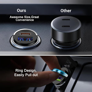 Planet Gates Type C + USB 100W(max ) 100W Fast Charging Car Charger, Hidden Car Charger, Mini Pull Ring Car Charger, Dual Port Cigarette Lighter Car Charger Adapter, Easy To Carry And Charge Your Phone.
