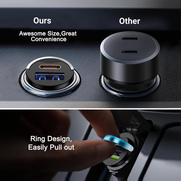 Planet Gates Type C + USB 100W(max ) 100W Fast Charging Car Charger, Hidden Car Charger, Mini Pull Ring Car Charger, Dual Port Cigarette Lighter Car Charger Adapter, Easy To Carry And Charge Your Phone.
