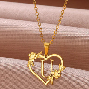 Planet Gates U / 45cm / CHINA Gold Color Dainty Flower Initials Necklace Women Girl Stainless Steel Heart Letter Choker Necklace Best Gifts Alphabet Jewelry