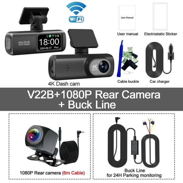 Planet Gates UHD 4K Dash Cam Dual Lens Driving Recorder Car DVR 1080P Rear Lens Camera Built-In WiFi GPS 24-Hour Parking Monitoring Black Box