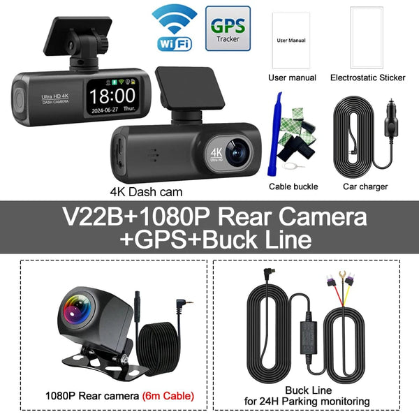 Planet Gates UHD 4K Dash Cam Dual Lens Driving Recorder Car DVR 1080P Rear Lens Camera Built-In WiFi GPS 24-Hour Parking Monitoring Black Box